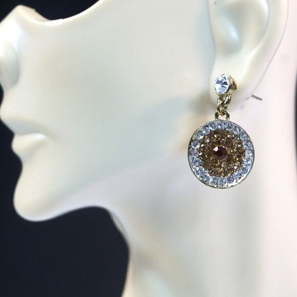 Round Disc Shape Bling Rhinestone Circle Drop Earrings Gold Silver Color - Picture 5 of 5